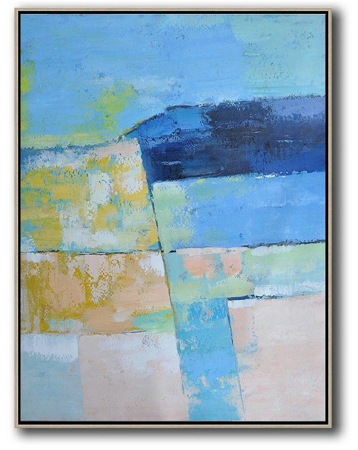 Vertical Palette Knife Contemporary Art,Modern Canvas Art,Blue,Pink,Yellow